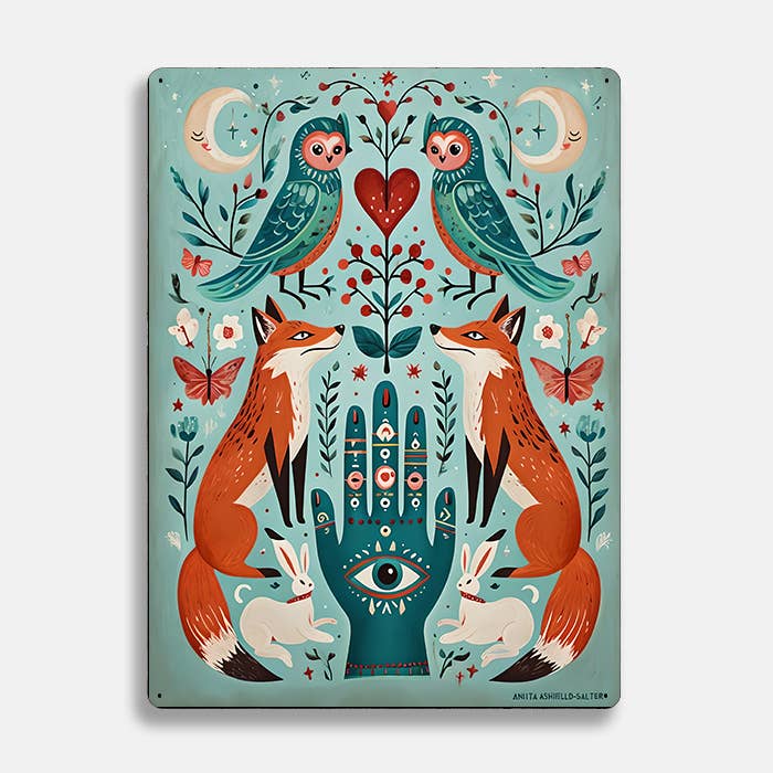 Affiche métal Renard Hibou Lune