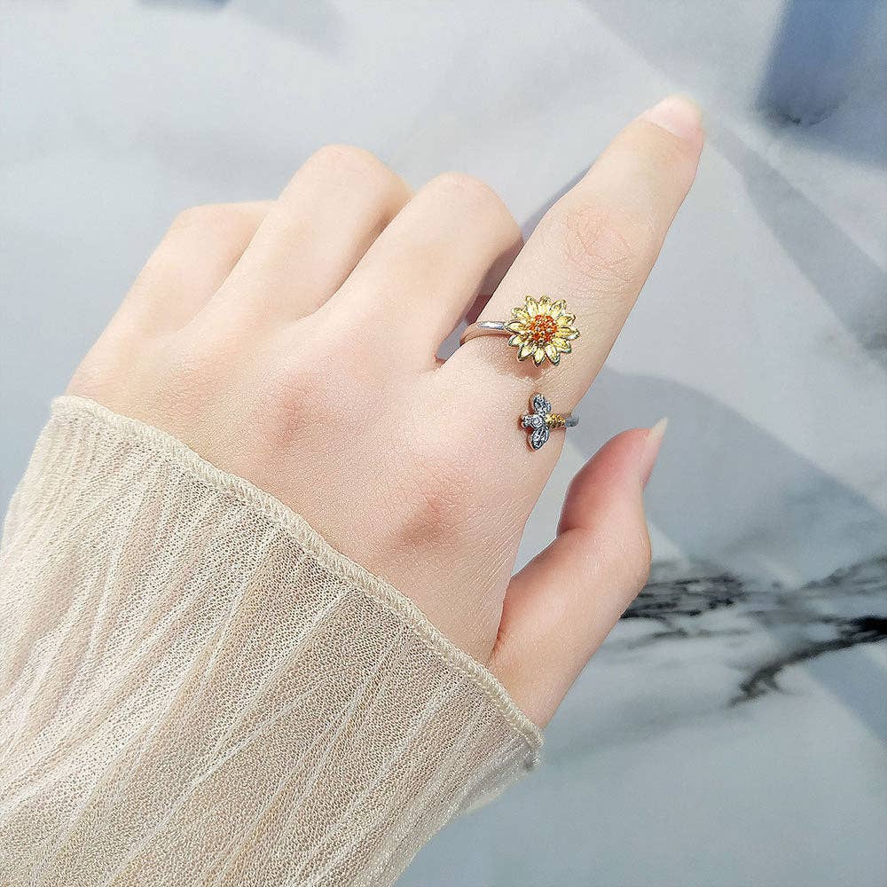 Bague anti-stress tournesol rotatif en argent 925 – Ajustable