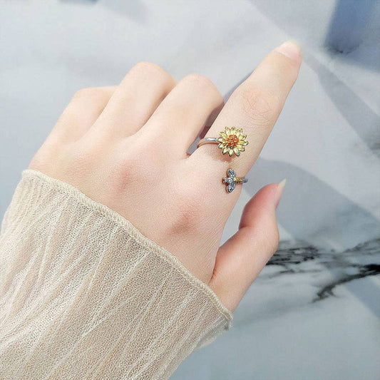 Bague anti-stress tournesol rotatif en argent 925 – Ajustable