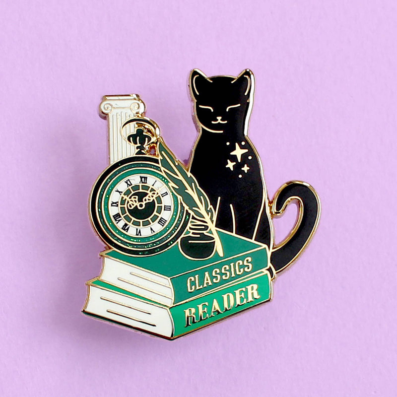Pin's – Chat noir et livres verts – “Classics Reader”