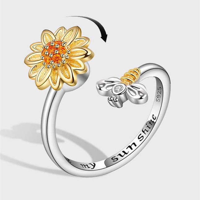 Bague anti-stress tournesol rotatif en argent 925 – Ajustable