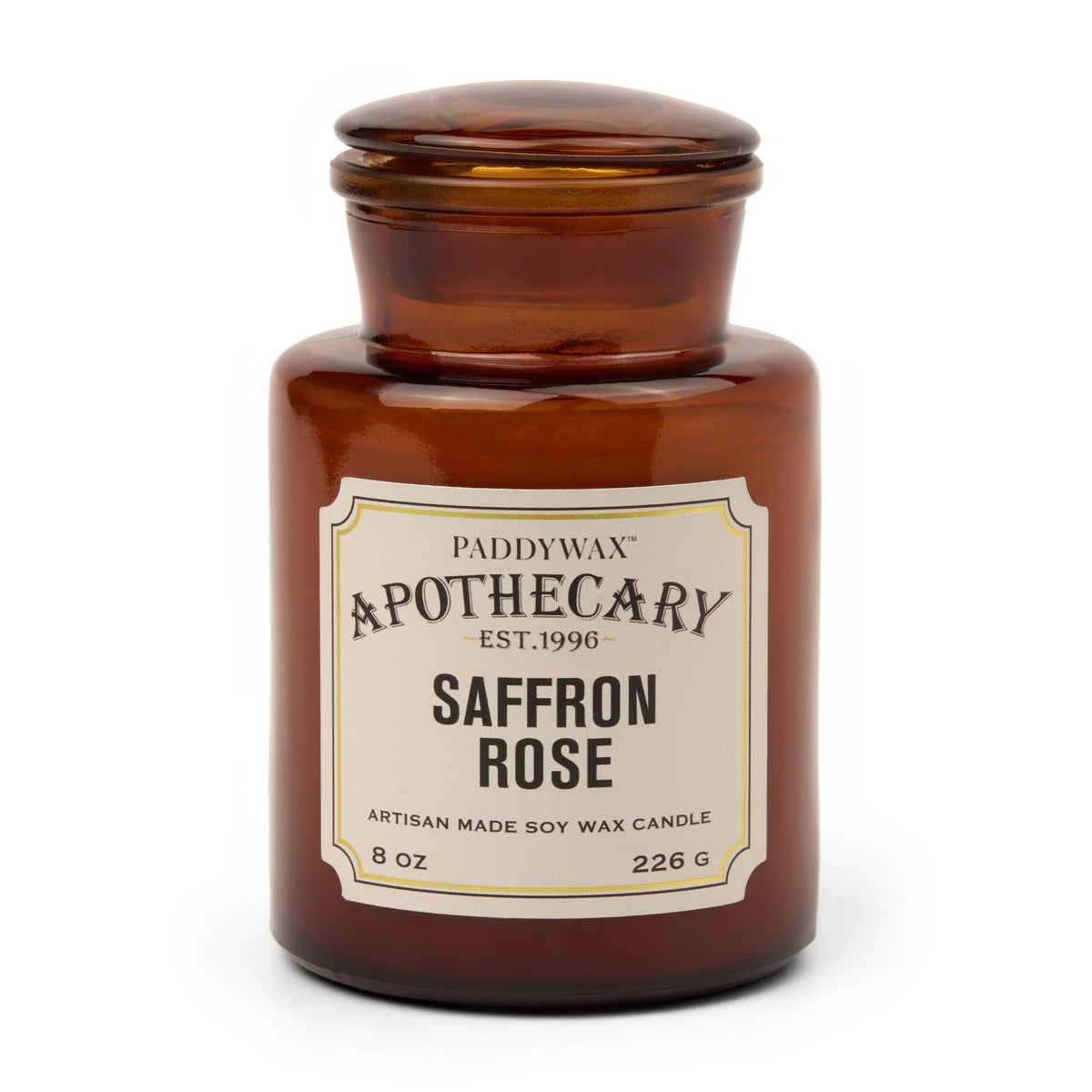 Bougie Parfumée Apothicaire Safran & Rose 226 g – Verre Ambré Vintage
