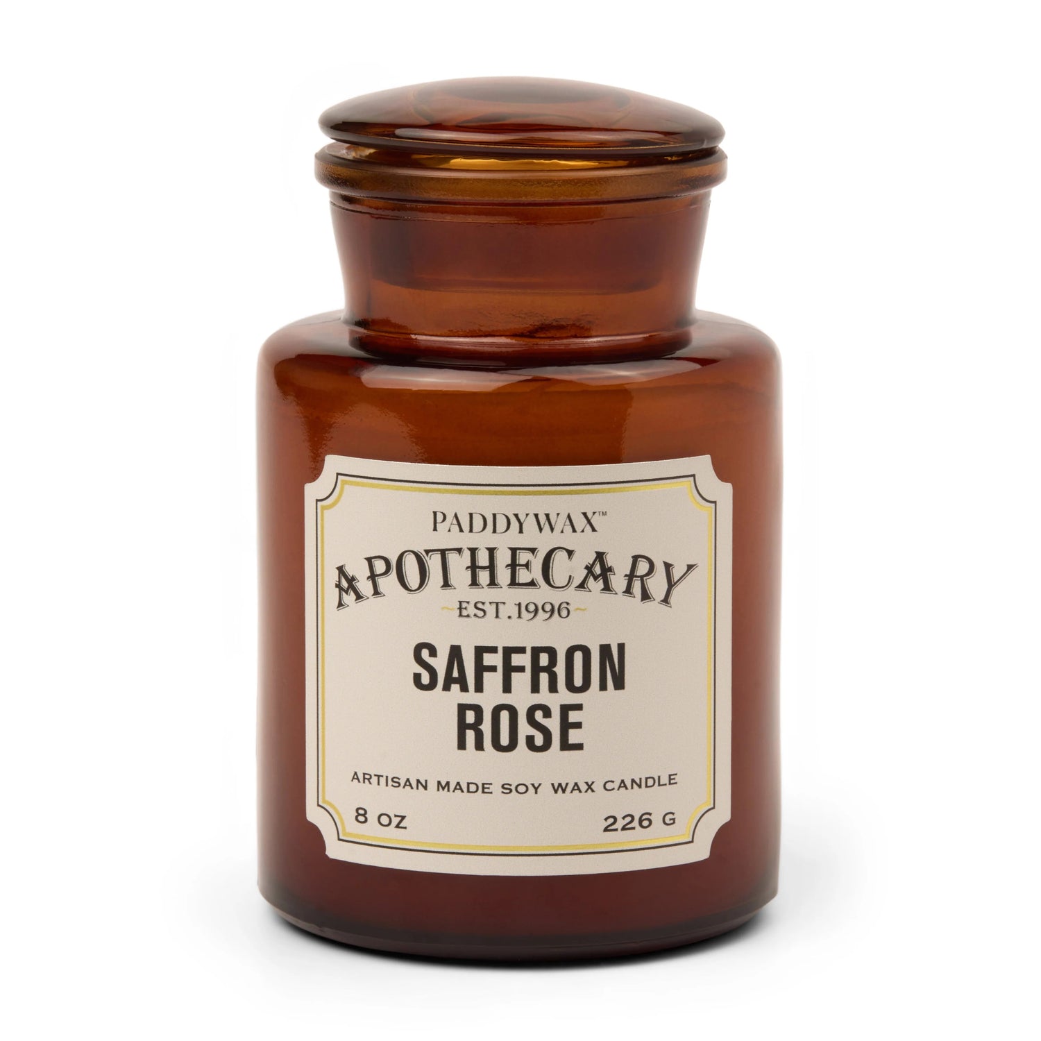 Bougie Parfumée Apothicaire Safran & Rose 226 g – Verre Ambré Vintage
