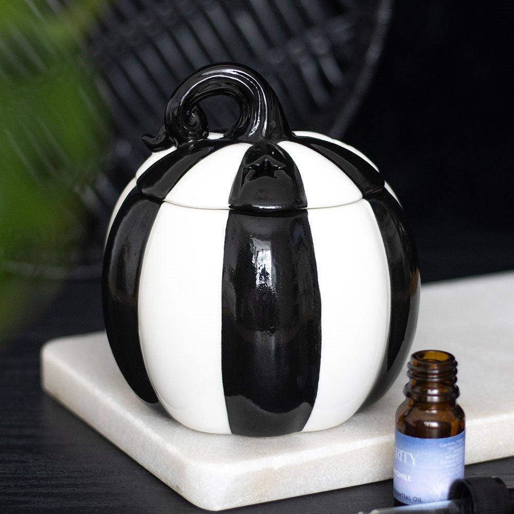 Brûle-Parfum Citrouille Rayée Noir et Blanc avec Couvercle