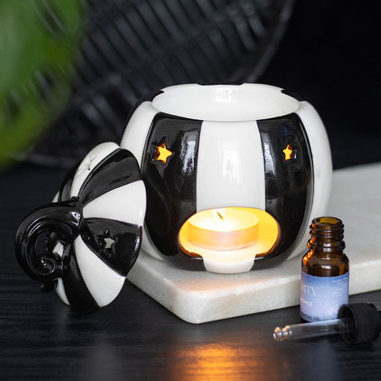 Brûle-Parfum Citrouille Rayée Noir et Blanc avec Couvercle