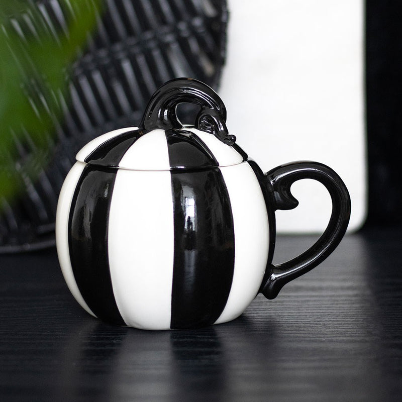 Mug Citrouille Rayé Noir et Blanc avec Couvercle