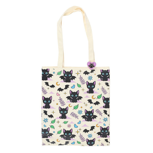 Tote Bag Chats Noirs et Chauves-Souris avec Broche Émaillée – Collection Cute & Creepy