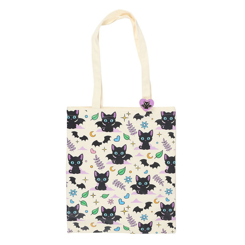 Tote Bag Chats Noirs et Chauves-Souris avec Broche Émaillée – Collection Cute & Creepy