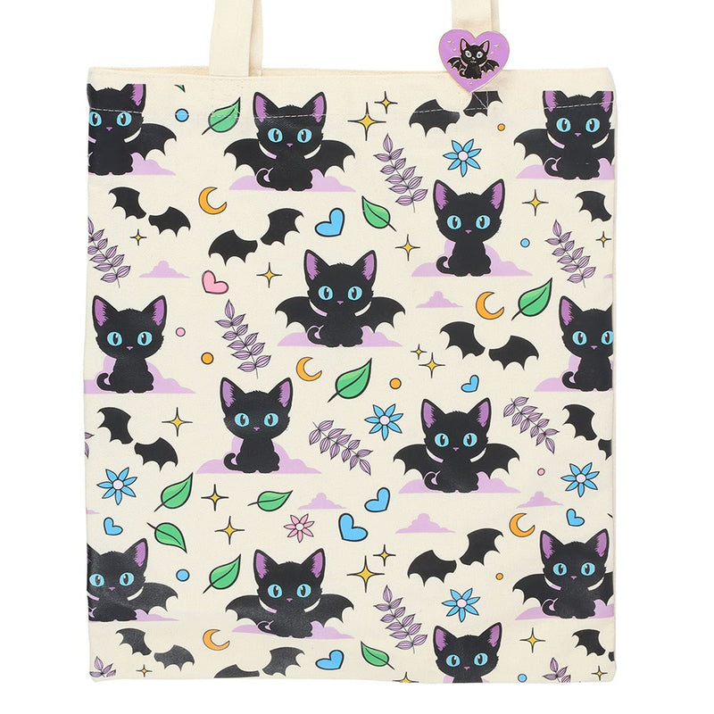 Tote Bag Chats Noirs et Chauves-Souris avec Broche Émaillée – Collection Cute & Creepy