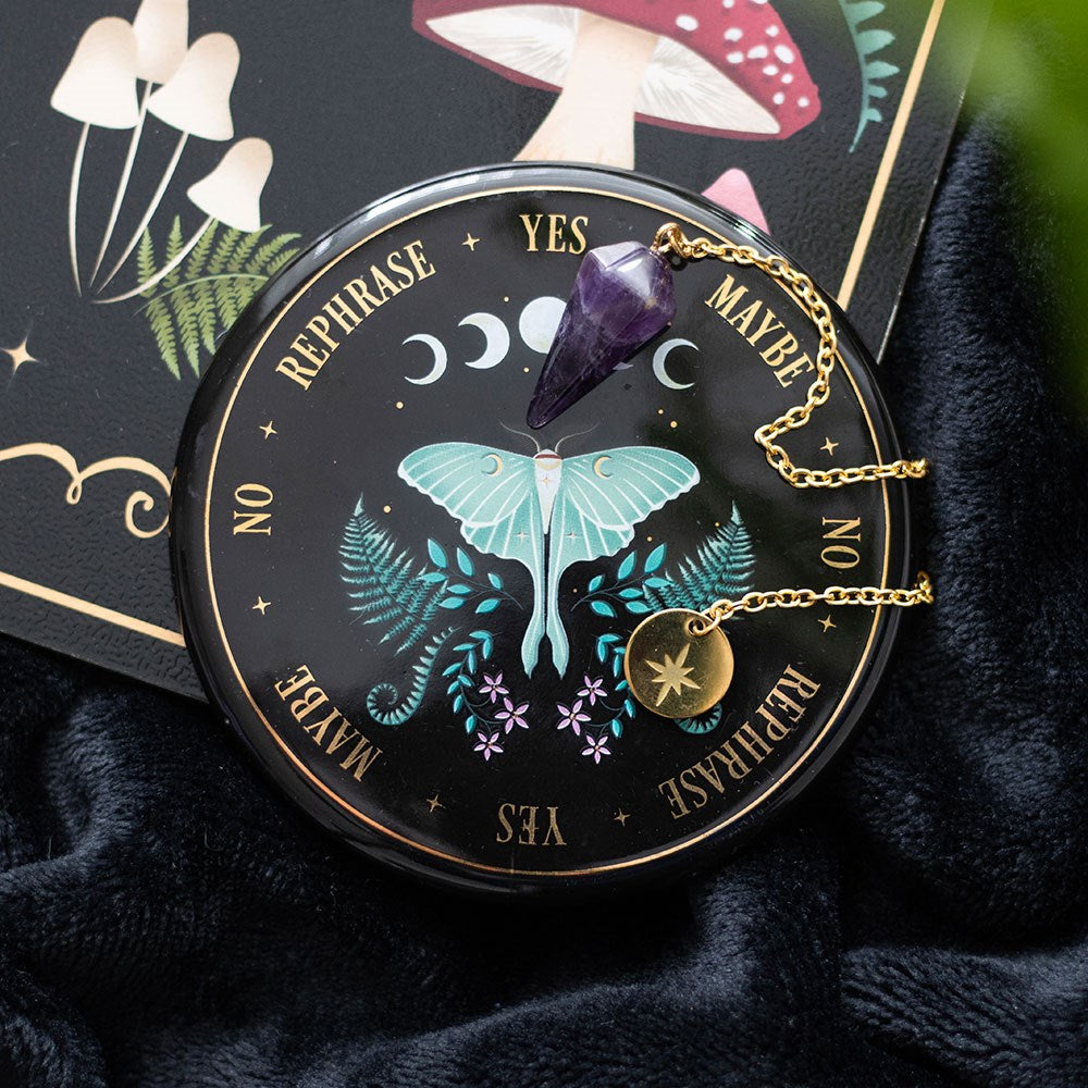 Kit pendule de divination papillon lunaire – Améthyste & plateau en céramique