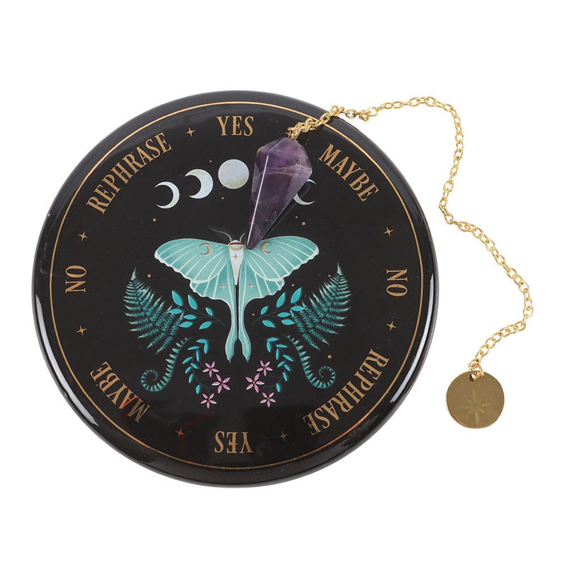 Kit pendule de divination papillon lunaire – Améthyste & plateau en céramique