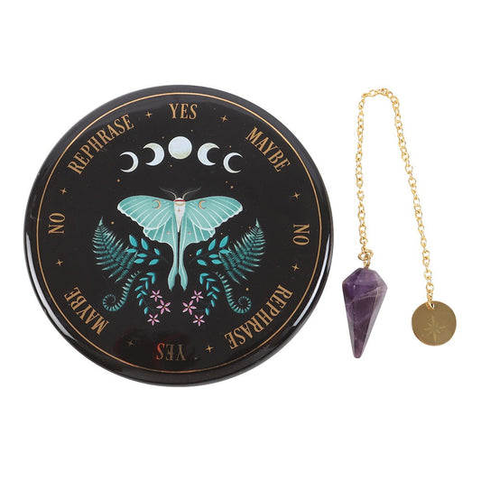 Kit pendule de divination papillon lunaire – Améthyste & plateau en céramique
