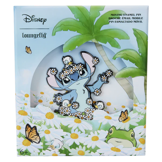 Pin's de collection Stitch de la marque Loungefly dans une décoration printanière avec des fleurs et un canard