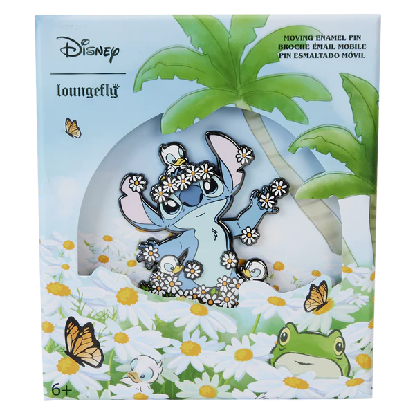 Pin's de collection Stitch de la marque Loungefly dans une décoration printanière avec des fleurs et un canard