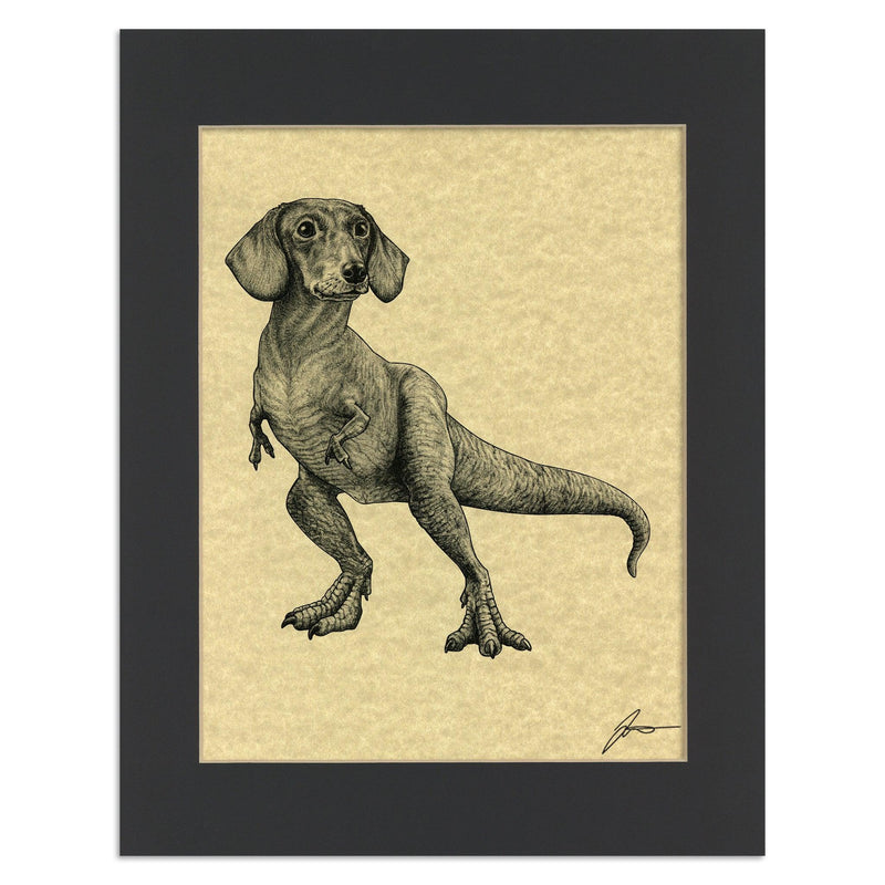 Illustration Chimère Teckel T-Rex – Œuvre signée Whatif Creations