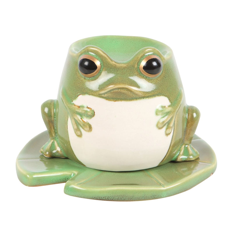 Brûle-parfum grenouille en céramique émaillée sur feuille de nénuphar