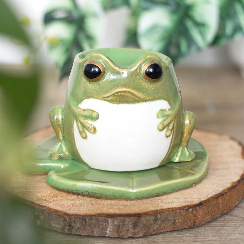Brûle-parfum grenouille en céramique émaillée sur feuille de nénuphar