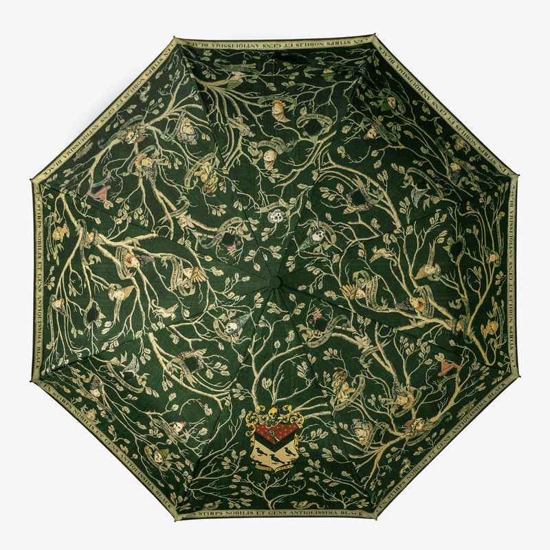 parapluie vert foncé ouvert, avec le motif de l'arbre genealogique de la famille Black dans Harry Potter