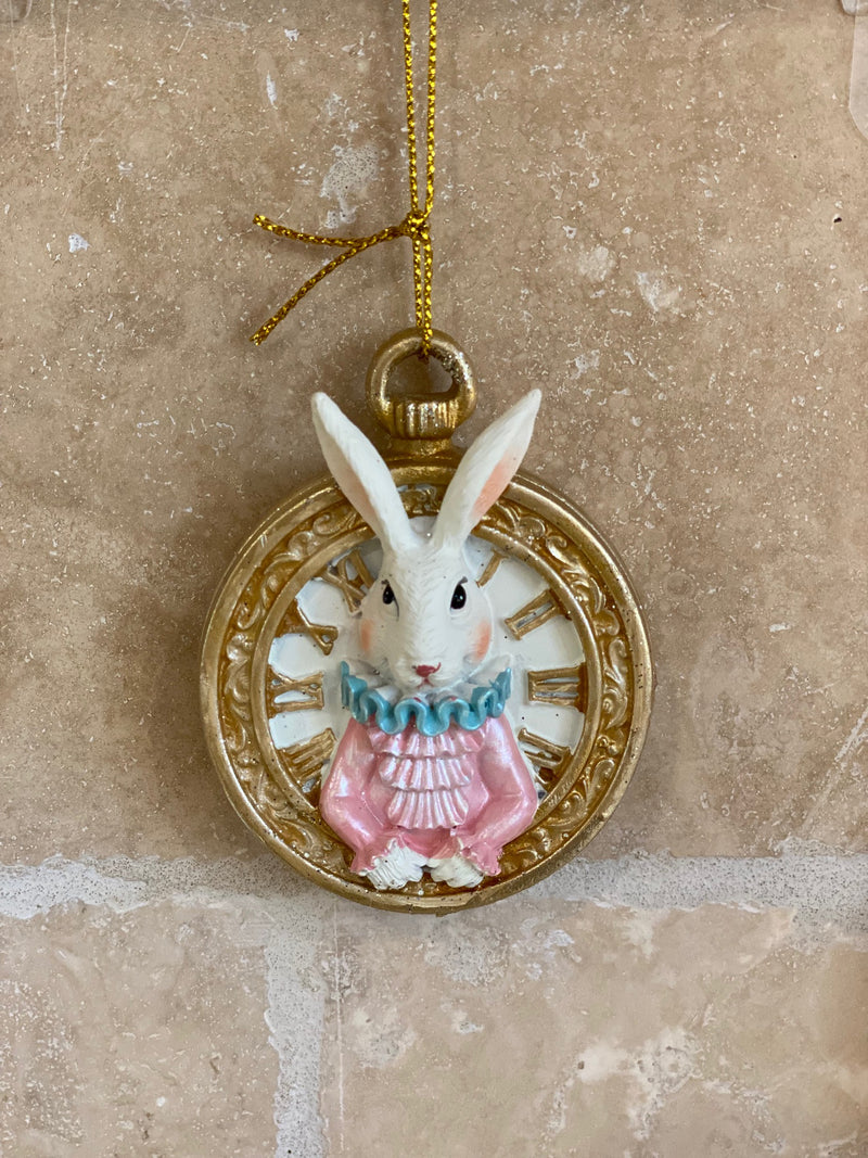 Décoration à suspendre – Lapin d’Alice au Pays des Merveilles avec horloge dorée (7 cm)
