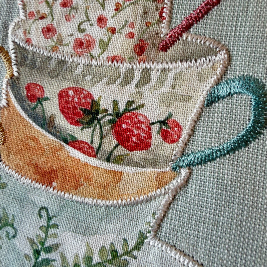 Torchon de cuisine en coton brodé de tasses de thé, style cottagecore anglais