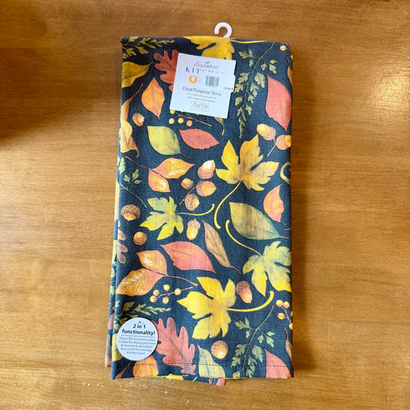 Torchon essuie-éponge en coton à motifs de feuilles et glands aux couleurs d'automne sur fond sombre