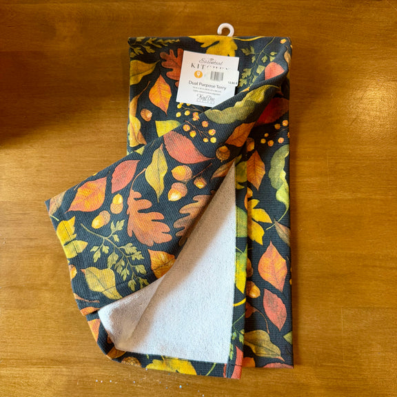Torchon essuie-éponge en coton à motifs de feuilles et glands aux couleurs d'automne sur fond sombre