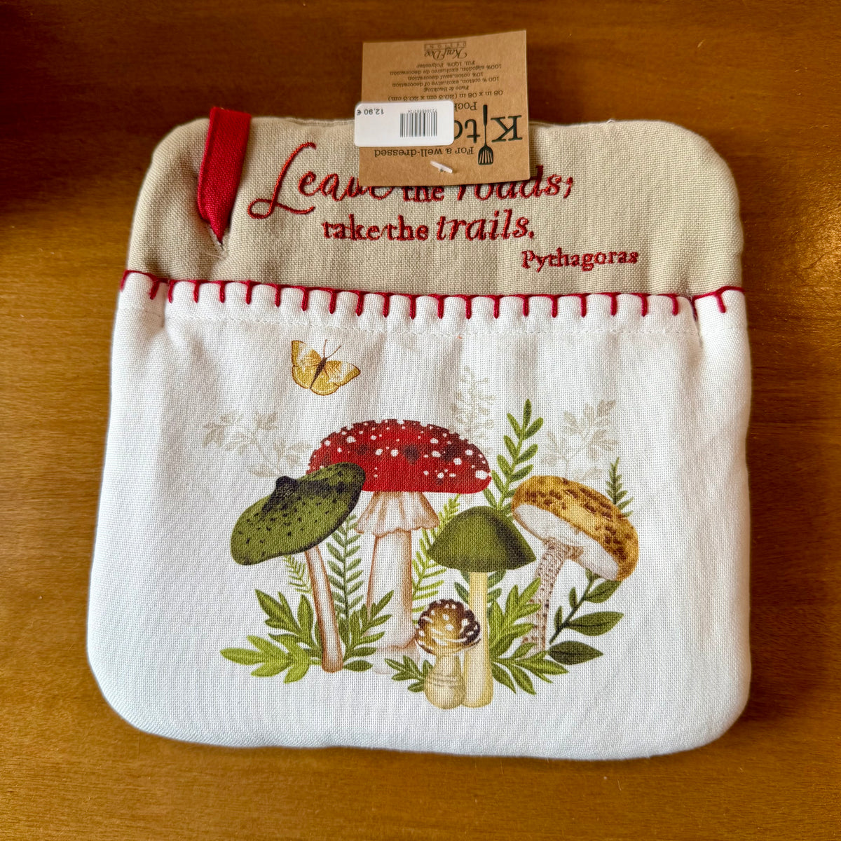 Manique carrée en coton à motifs de champignons et feuillage, citation de Pythagore brodée