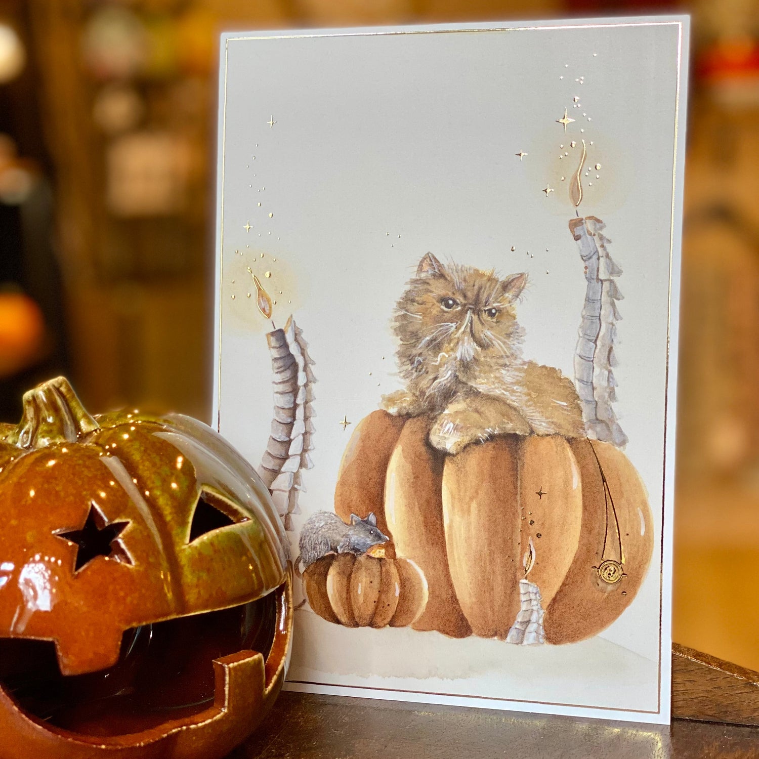 Illustration A5 chat, rat & citrouilles – Univers magique