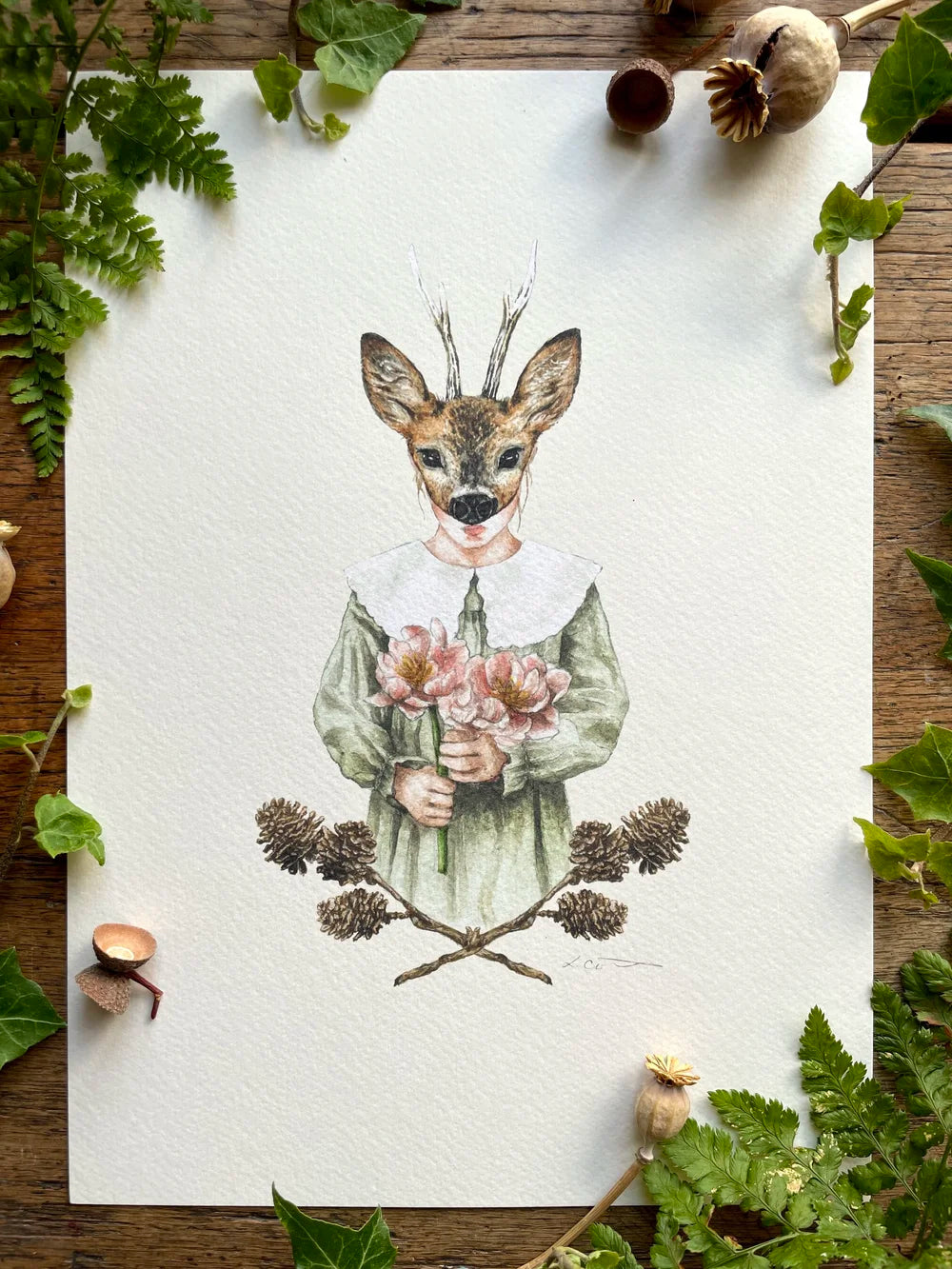 Illustration jeune fille au masque de faon – Fleurs, mystère et poésie forestière