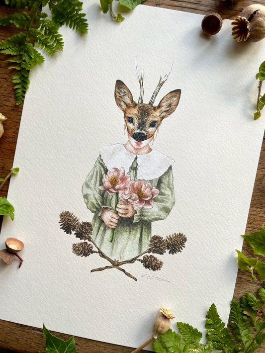 Illustration jeune fille au masque de faon – Fleurs, mystère et poésie forestière