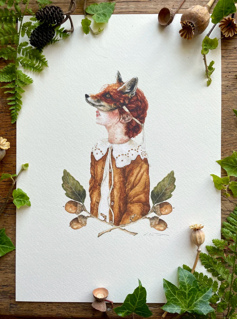 Illustration jeune fille au masque de renard – Élégance automnale et univers onirique