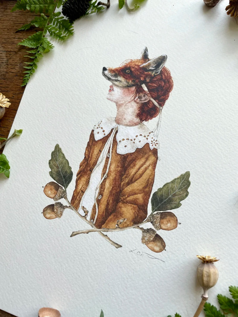 Illustration jeune fille au masque de renard – Élégance automnale et univers onirique