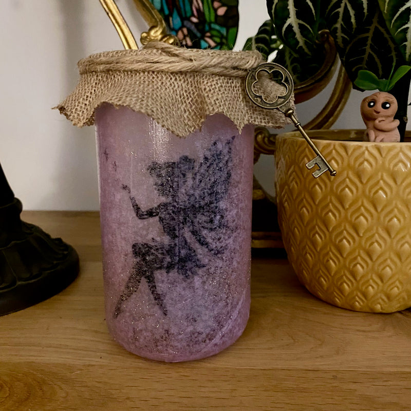 Lanterne artisanale - Fée rose - Fiole parme et clef florale