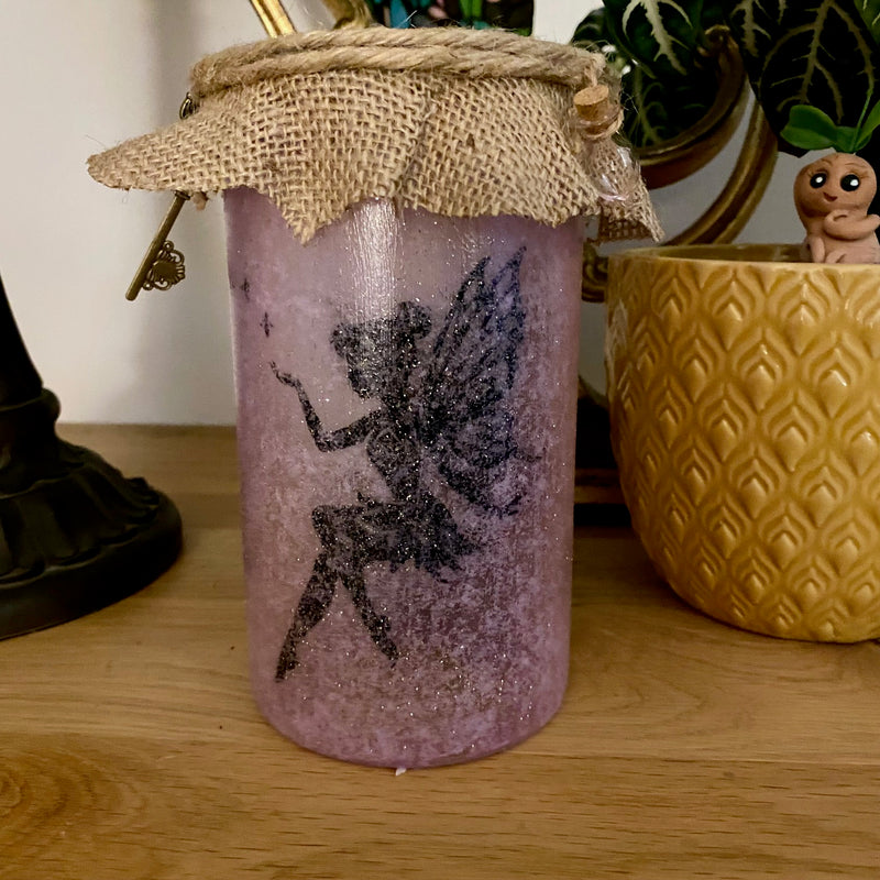 Lanterne artisanale - Fée rose - Fiole rose et clef à l'ancienne