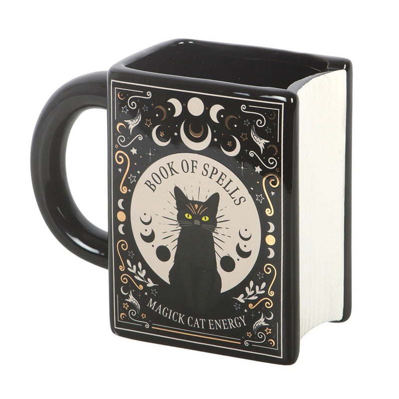 Mug grimoire Book of Spells en forme de livre ancien avec chat noir, lunes et étoiles, 450 ml