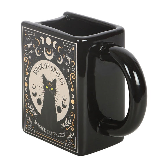 Mug grimoire Book of Spells en forme de livre ancien avec chat noir, lunes et étoiles, 450 ml