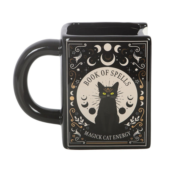 Mug grimoire Book of Spells en forme de livre ancien avec chat noir, lunes et étoiles, 450 ml