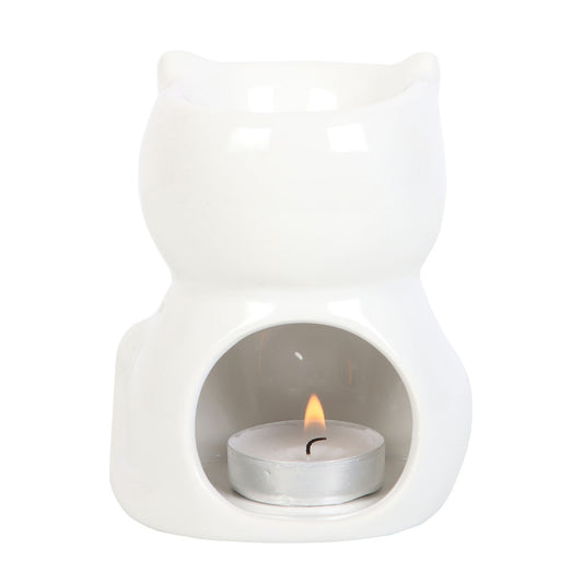 Brûle-Parfum Chat en Céramique Blanche – Diffuseur d’Huiles et Cires