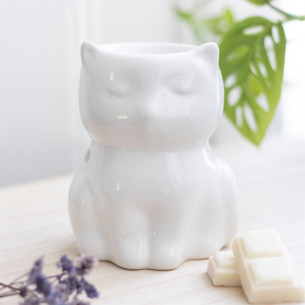 Brûle-Parfum Chat en Céramique Blanche – Diffuseur d’Huiles et Cires