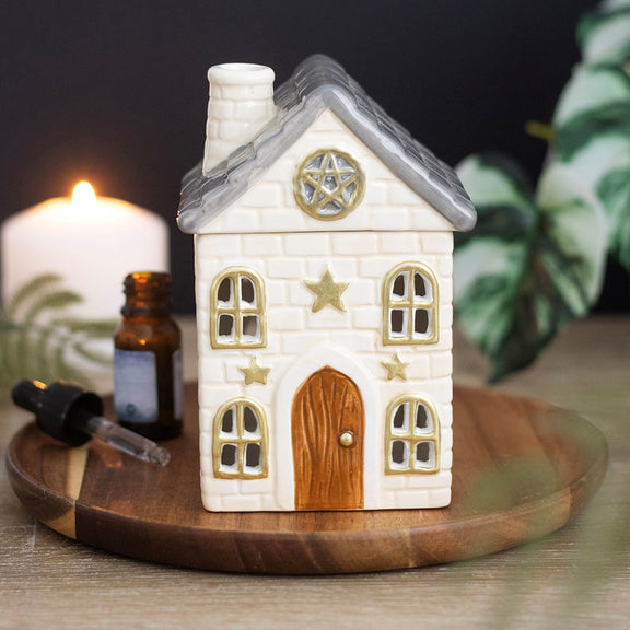 Brûle-parfum maison cottage blanche en céramique pour fondant parfumé, décoration cottagecore