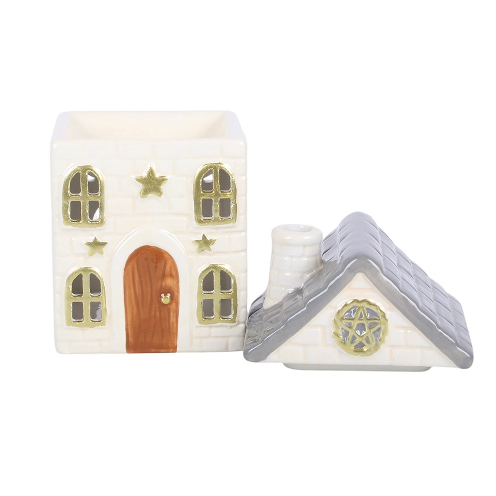 Brûle-parfum maison cottage blanche en céramique pour fondant parfumé, décoration cottagecore