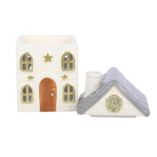 Brûle-parfum maison cottage blanche en céramique pour fondant parfumé, décoration cottagecore