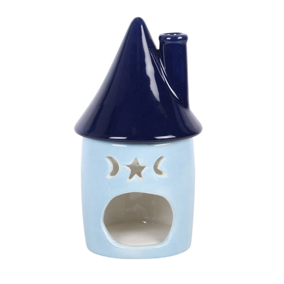 Brûle-parfum maison céleste bleue en céramique, toit bleu nuit étoilé et détails dorés