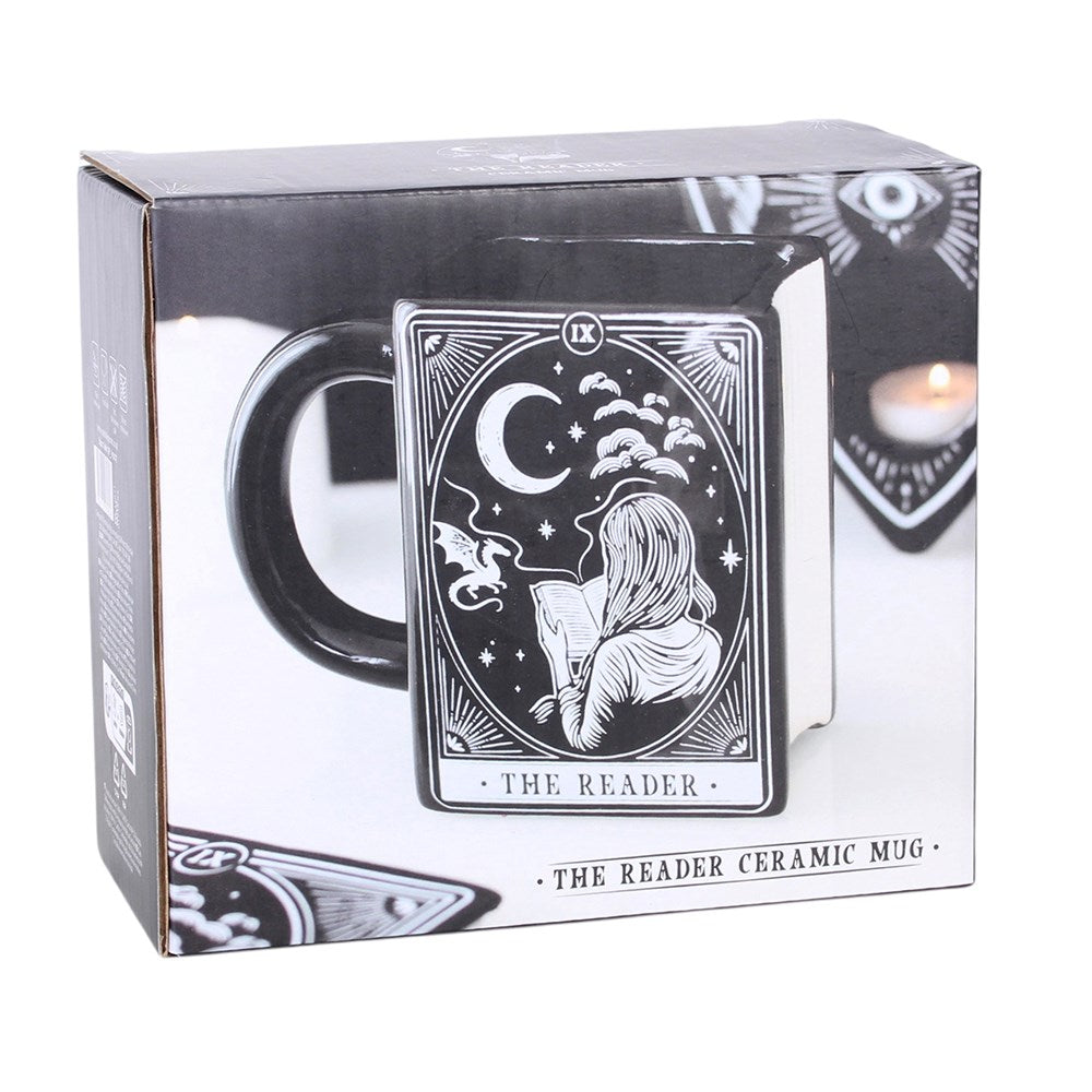 Mug en forme de livre ancien The Reader, tranche blanche façon pages, illustration mystique