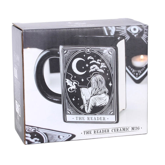 Mug en forme de livre ancien The Reader, tranche blanche façon pages, illustration mystique