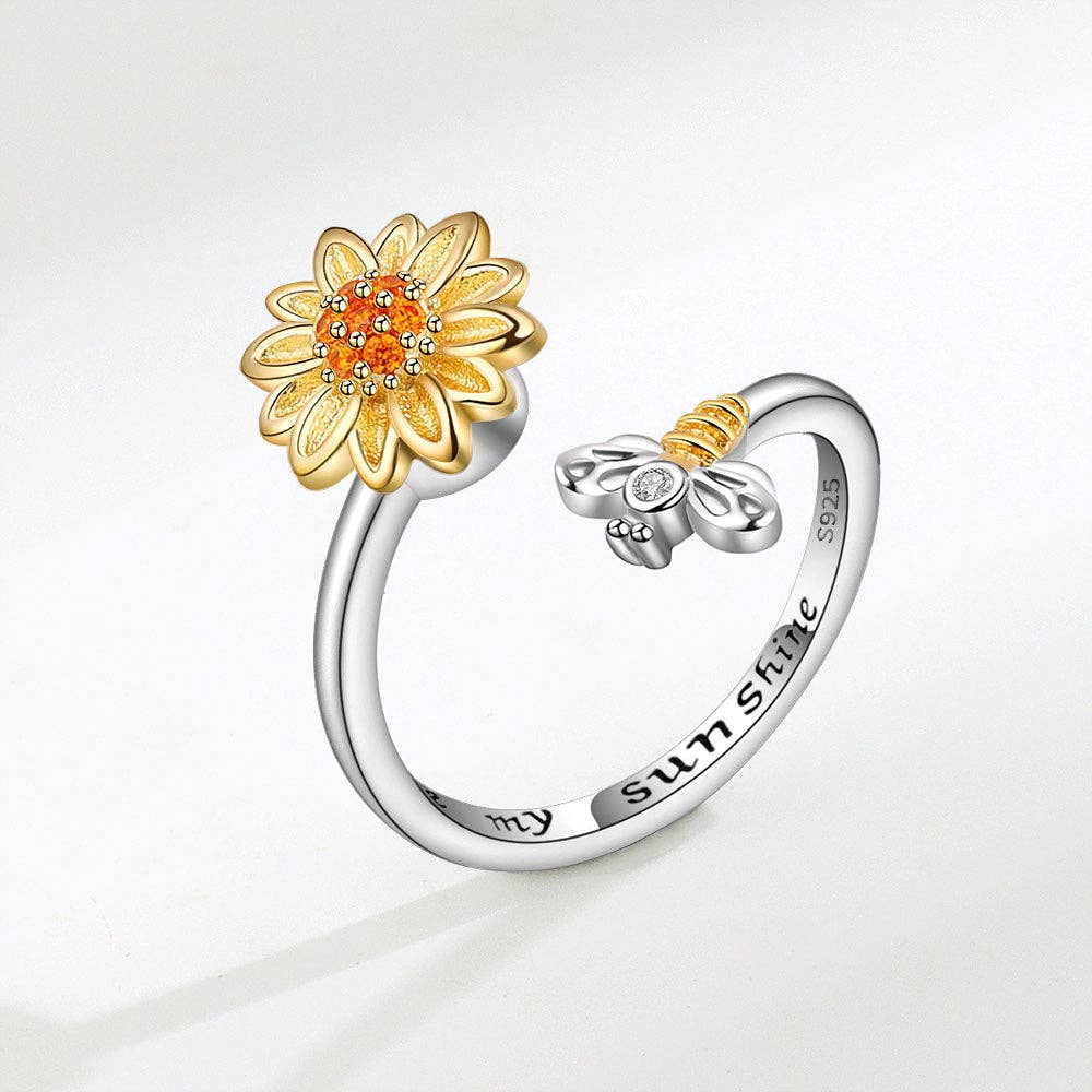 Bague anti-stress tournesol rotatif en argent 925 – Ajustable