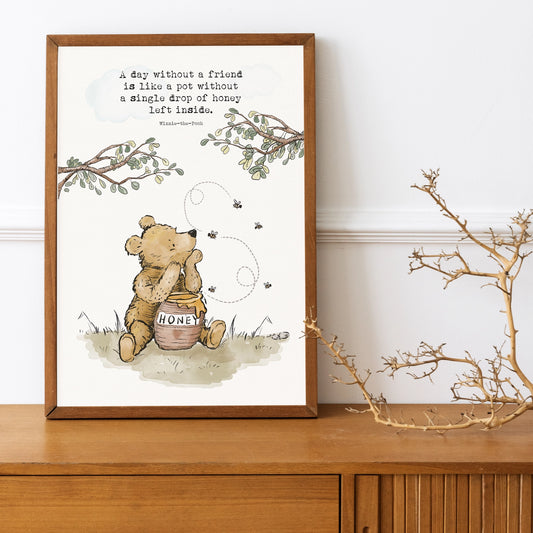 Affiche Winnie l’Ourson – Citation Amitié & Pot de miel – Formats A4 et A3 (sans cadre)