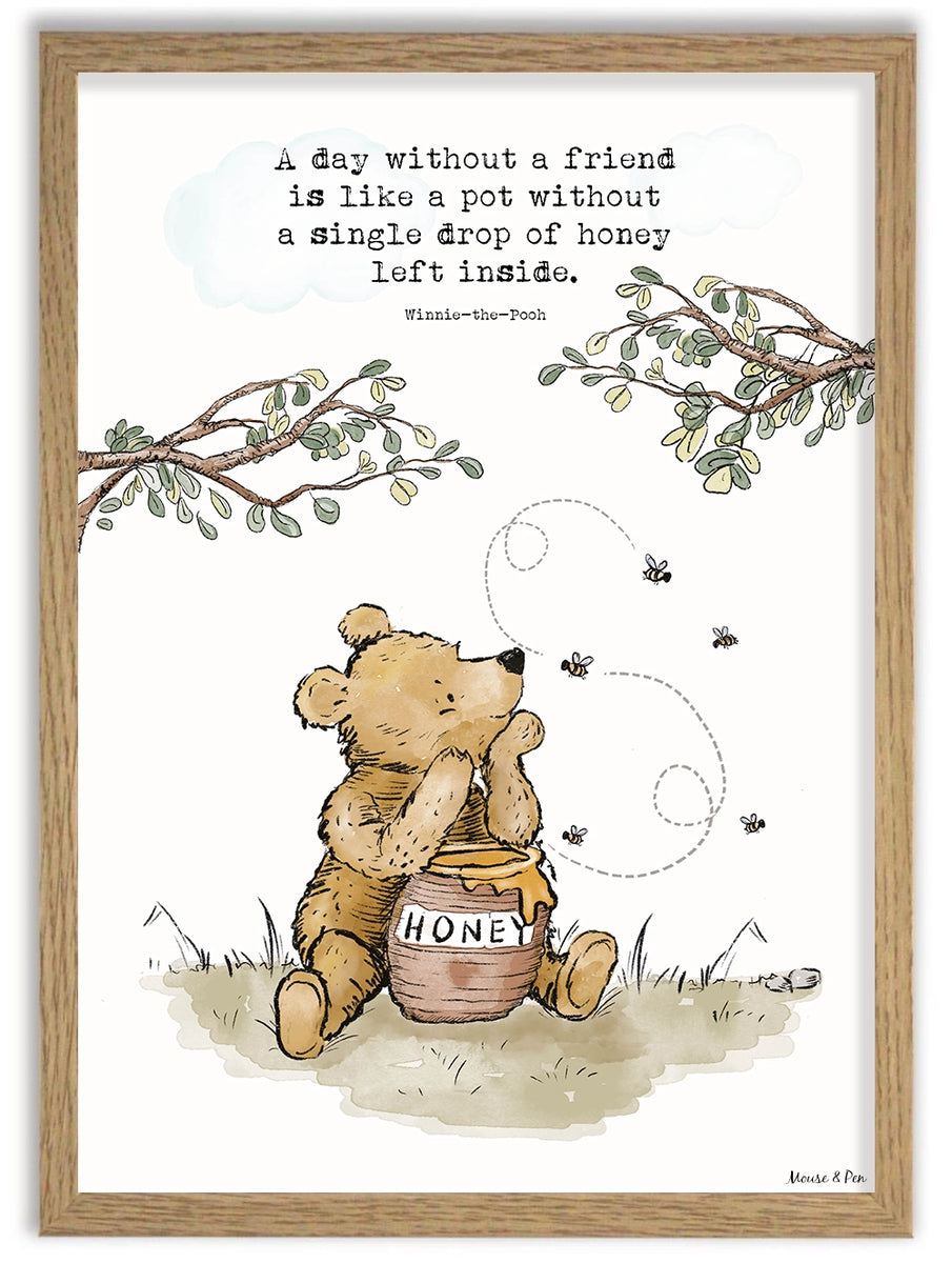 Affiche Winnie l’Ourson – Citation Amitié & Pot de miel – Formats A4 et A3 (sans cadre)