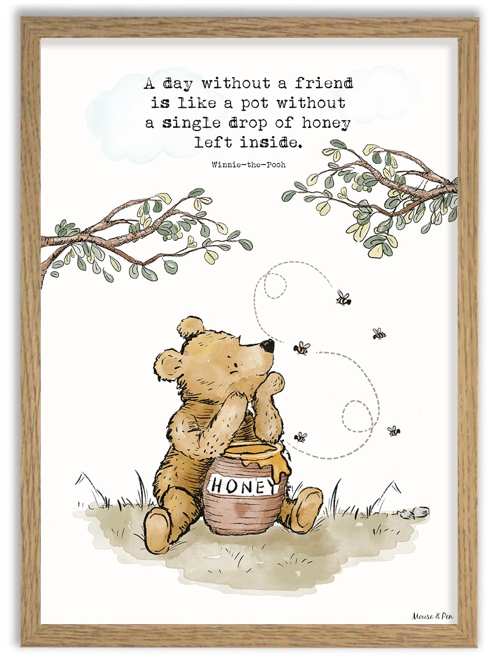 Affiche Winnie l’Ourson – Citation Amitié & Pot de miel – Formats A4 et A3 (sans cadre)