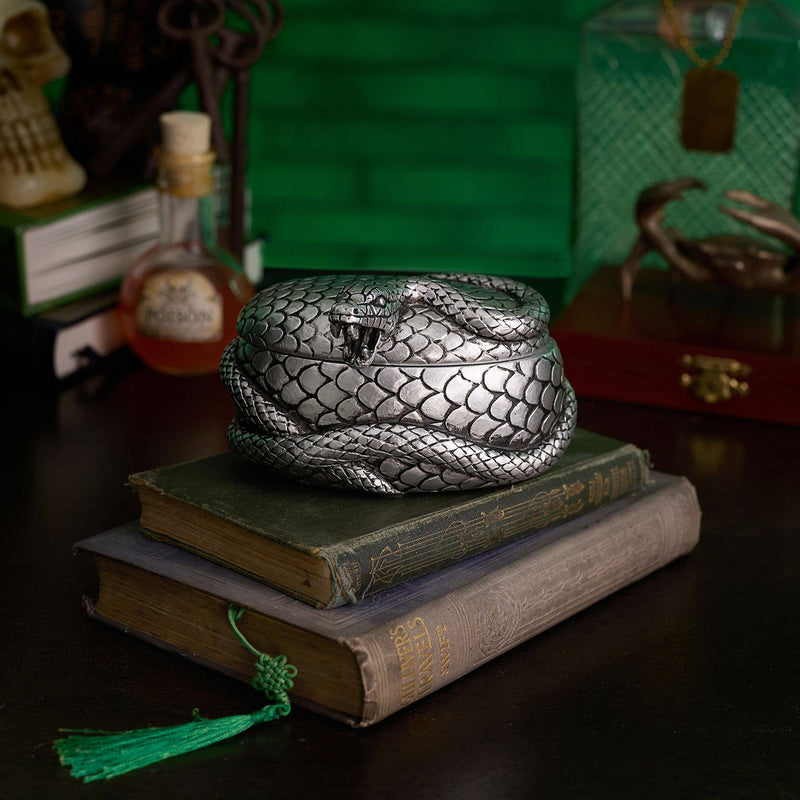 Boite ovale serpent de la marque harry potter, dans un decor de vieille librairie